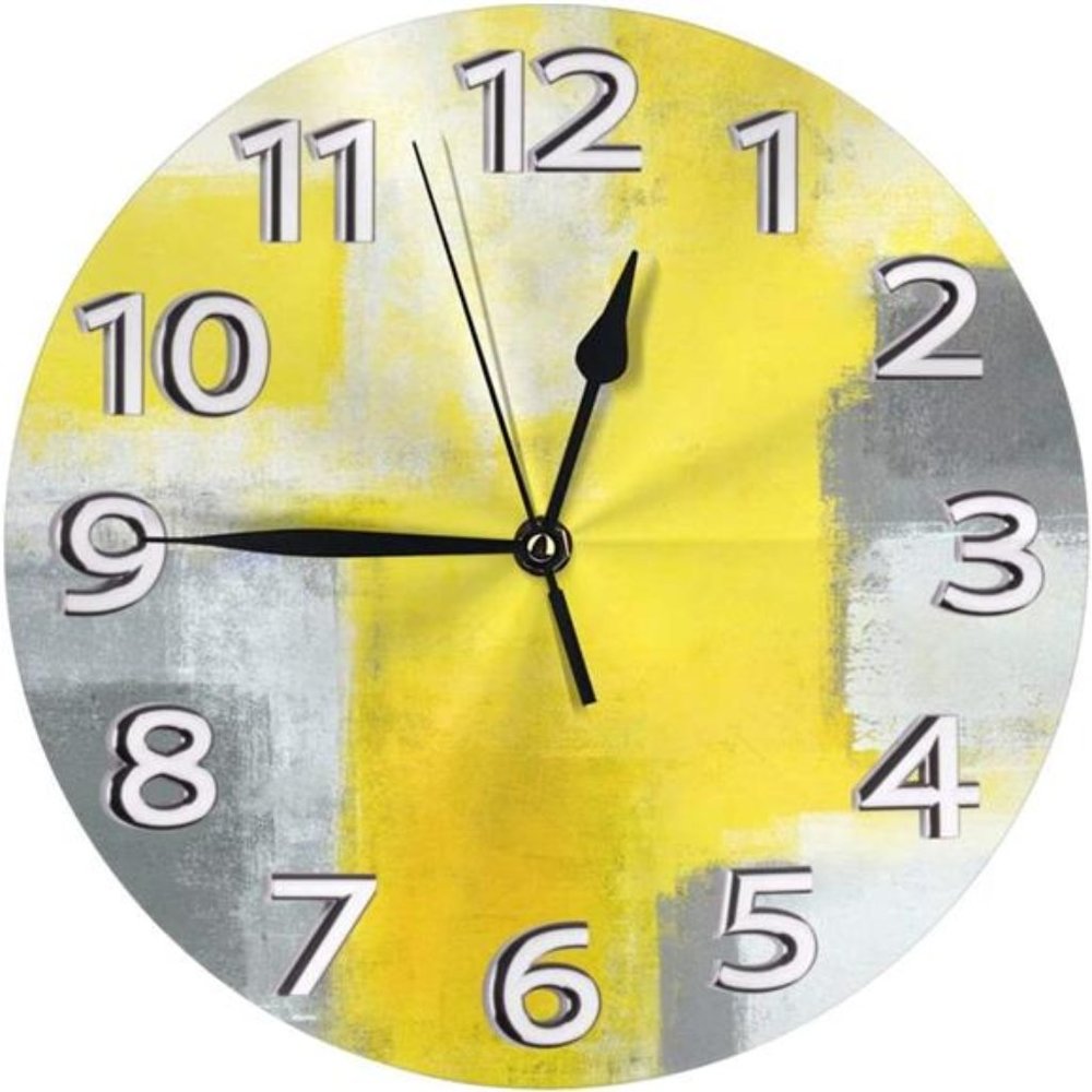 Grey and Yellow Abstract Art Painting White Wall Clock,Silent NonTicking Quality